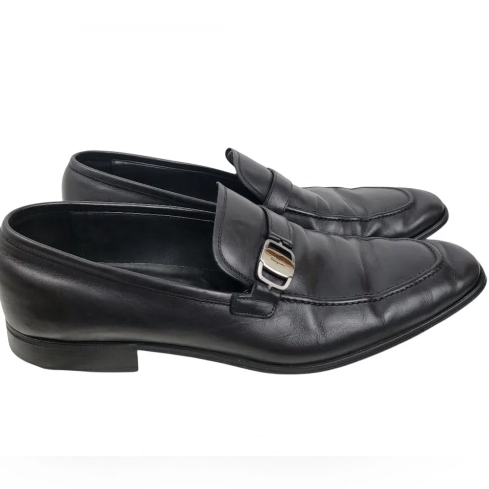 Salvatore Ferragamo Black Leather Loafers Side Buckle 9.5D